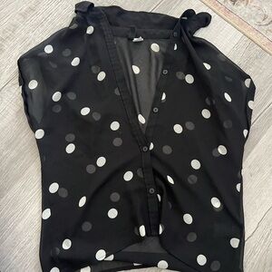 Sheer Black and White Polka Dot Women's Button Up Top